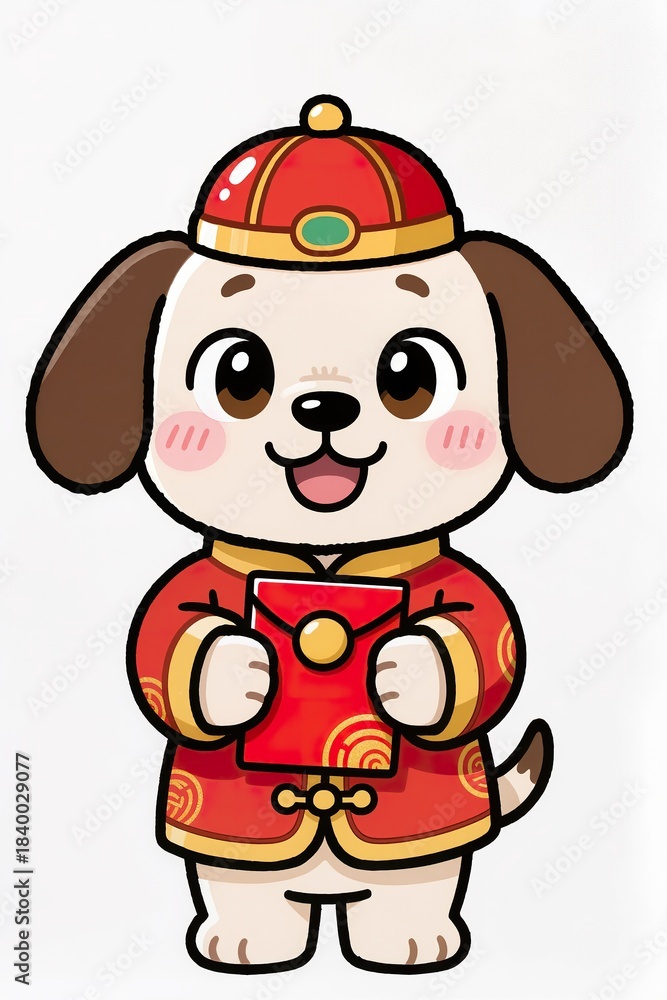 Naklejka premium Chibi dog character in red-and-gold Chinese New Year attire, holding a lucky red envelope, adorable expression, shiny toy-like appearance, white background for photostock.