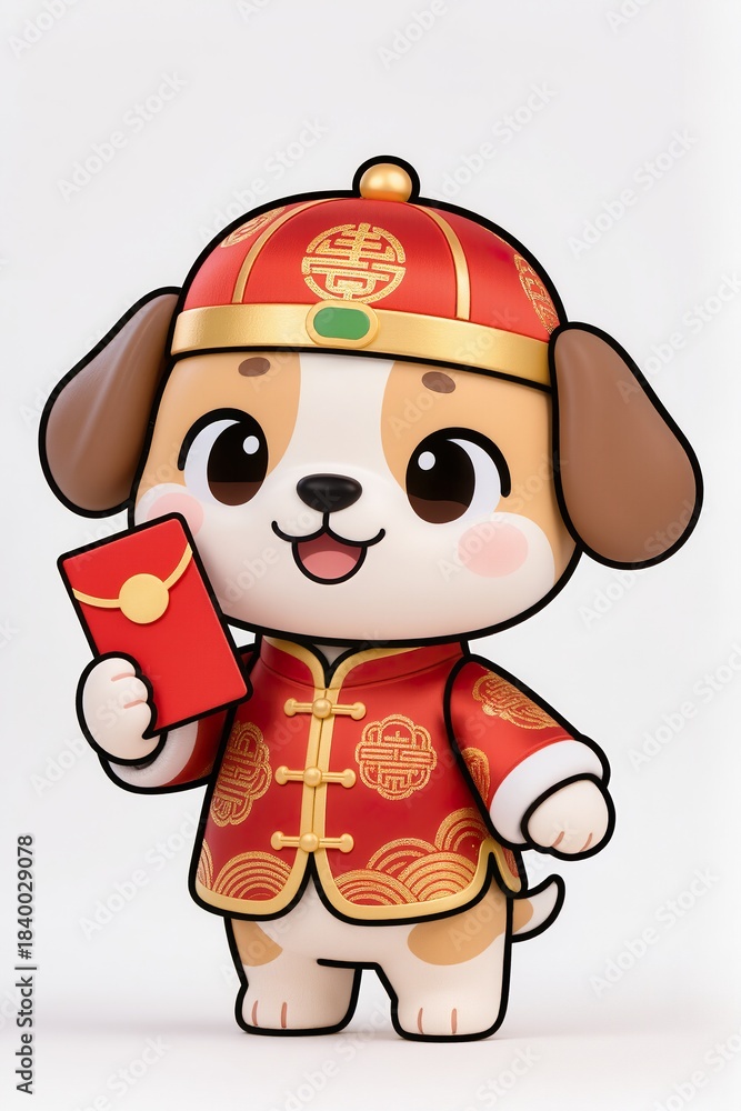 Fototapeta premium Chibi dog character in red-and-gold Chinese New Year attire, holding a lucky red envelope, adorable expression, shiny toy-like appearance, white background for photostock.