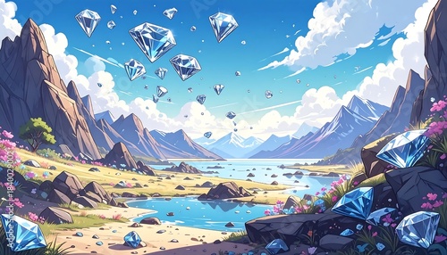 Cartoonish landscape with mountains, lake, flowers, and large diamonds floating and scattered about the scene