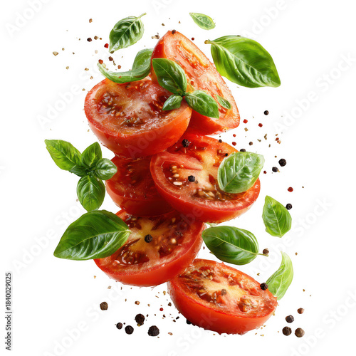 Freshly sliced ripe tomatoes with basil leaves and spices falling isolated on transparent background