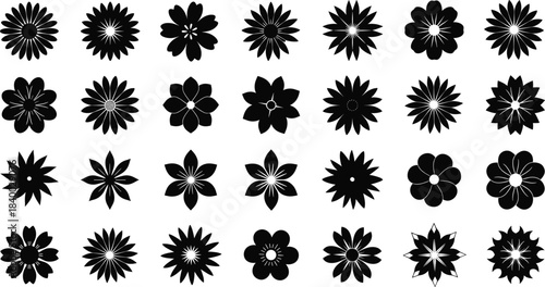 High-contrast black vector silhouette collection of various flower shapes, including daisies and intricate blossoms, perfect for logos, patterns, and design accents