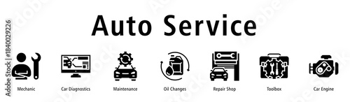Auto Service web banner icon vector illustration with icons of Mechanic, Car Diagnostics, Maintenance, Oil Changes, Repair Shop, Toolbox and Car Engine.