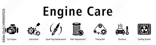 Engine Care web banner icon vector illustration with icons of Car Engine, Lubrication, Spark Plug Replacement, Filter Replacement, Timing Belt, Overheat and Cooling System.