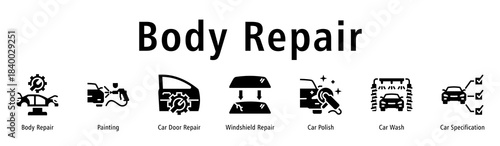 Body Repair web banner icon vector illustration with icons of Body Repair, Painting, Car Door Repair, Windshield Repair, Car Polish, Car Wash and Car Specification.