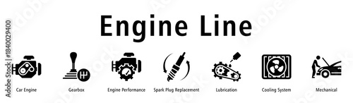 Engine Line web banner icon vector illustration with icons of Car Engine, Gearbox, Engine Performance, Spark Plug Replacement, Lubrication, Cooling System and Mechanical.