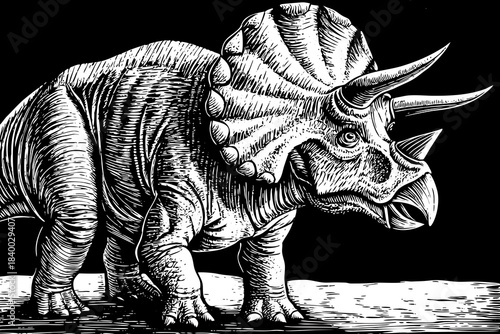 monochrome pencil sketch of a triceratops in calm standing position, highlighting detailed horns, frill texture, and sturdy prehistoric body structure