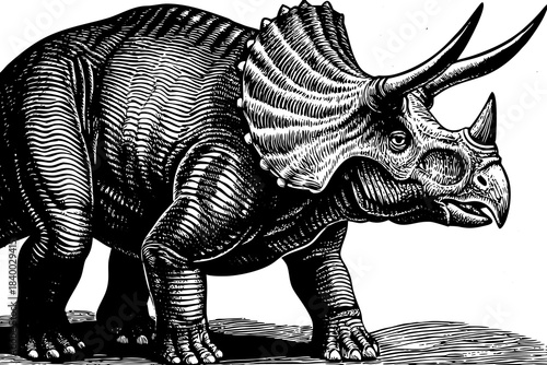 monochrome pencil sketch of a triceratops in calm standing position, highlighting detailed horns, frill texture, and sturdy prehistoric body structure