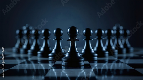 AI-Generated Dramatic Black Chess Pawns Formation on Reflective Glossy Board - Strategic Metaphor for Business Leadership Unity and Corporate Tactics in Moody Dark Setting with Depth of Field.