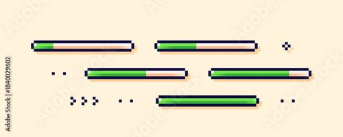 Pixel art loading game scale. Five green life process bars.
