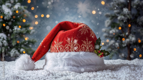 Red Santa Claus Hat with Holly Leaves, Berries and White Fur Trim in Fresh Snowfall with Blurred Christmas Lights – Traditional Holiday Symbol Winter Wonderland.