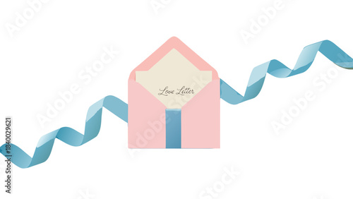 Pink envelope with a ribbon and a letter inside on white background  