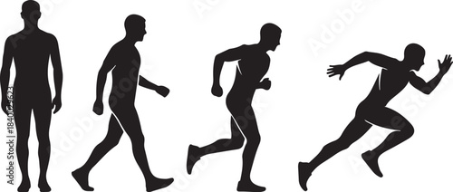 Human motion stages: standing still, walking, jogging, and sprinting sequence, male silhouettes illustrating movement.
