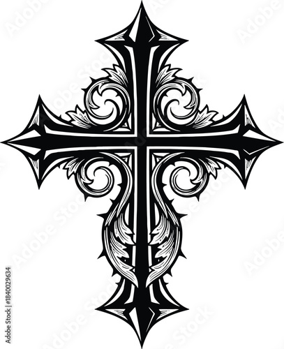 Black ornate gothic cross with swirling floral elements