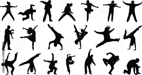 Large Vector Collection of Black Silhouette Figures in Dynamic Action Poses, Featuring Breakdance, Modern Dance, Hip Hop, Martial Arts, Kicks, Jumps, and Sword Fighting Stances, Isolated on White.