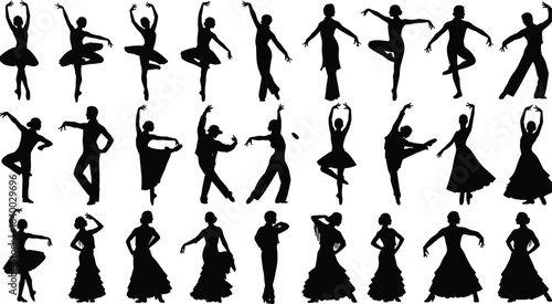 Massive Vector Collection of Black Silhouette Figures in Dynamic Action Poses, Featuring Ballet, Figure Skating, Martial Arts, Hip Hop Dance, Yoga, Kicks, Jumps, and Sword Fighting Stances, 