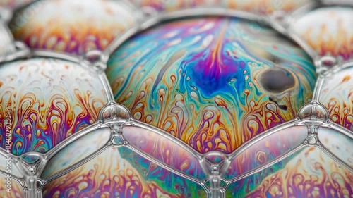 Macro Close Up Of Colorful Soap Bubbles With Swirling Patterns.