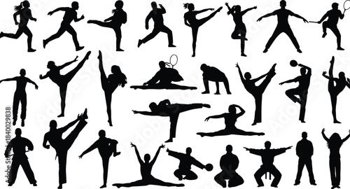 Ultimate vector silhouette collection: running, extreme stretching, martial arts, yoga, and gymnastics poses for fitness training, physical activity, and body wellness concepts.