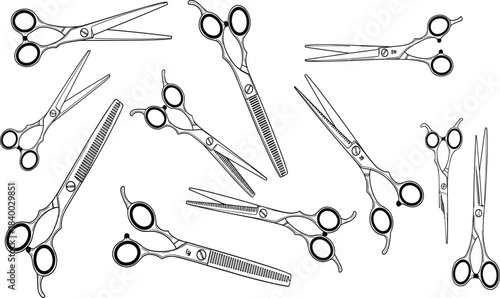 Professional hair cutting shears and thinning scissors vector illustration set, a collection of barbershop equipment, tools for hairdressing, styling, and grooming, isolated on a white background.