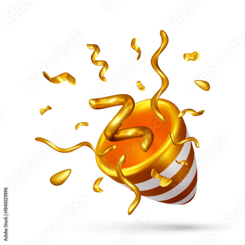 3D Exploding party popper with golden confetti and ribbons. Festive event celebration or surprise concept for holiday invitation. Vector illustration