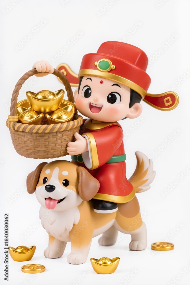 Naklejka premium Chibi God of Wealth riding a cute chibi dog, holding a basket of gold ingots, cheerful expression, glossy PVC figurine look, isolated on white background.