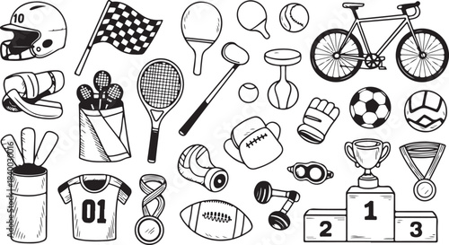 Variety of Sports Equipment Athletic Gear and Competition Awards