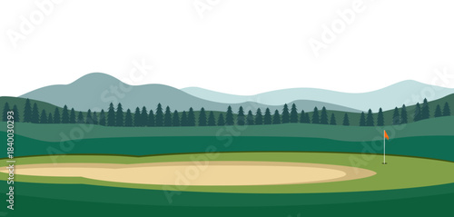 Golf court vector with mountains and pines tree on background