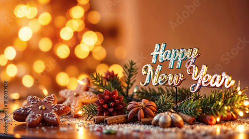 Elegant Christmas Greeting card background, Happy New year prop written with glitter, biscuits and pines complimenting the view.