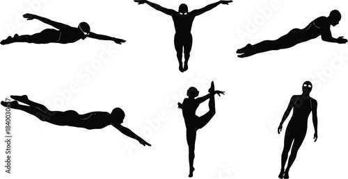 Athlete silhouette, yoga pose, swimming motion, diving figure, plank position, dynamic movement, fitness icon, human form, sport posture, body balance