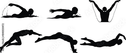 Swimmer silhouette, freestyle stroke, butterfly technique, diving pose, competitive swimming, water splash, athlete motion, aquatic sport, pool training, dynamic action