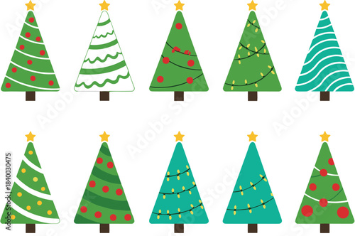A vector collection of ten stylized flat design Christmas trees decorated with lights, red ornaments, stripes, and yellow star toppers for holiday and winter celebration