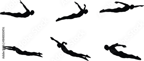 Diving silhouette, athlete motion, jump sequence, air pose, human form, dynamic movement, sport icon, body control, splash entry, dive technique