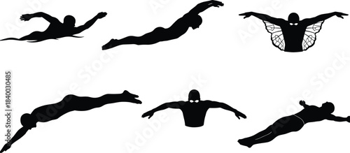 Swimmer silhouette, butterfly stroke, freestyle motion, diving pose, floating position, athlete icon, water sport, swimming technique, dynamic action, pool training