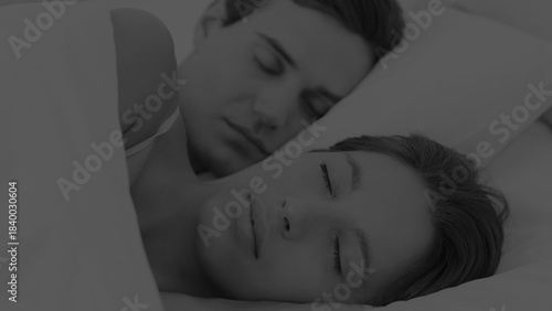 Couple is sleeping under white sheets and pillows in flat design bedroom scene, with wellness theme
