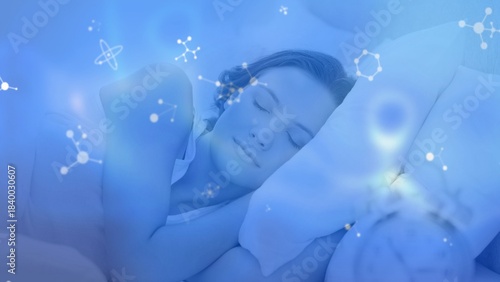 Woman is sleeping on side in flat design sleep science bedroom with molecular bonds and clock