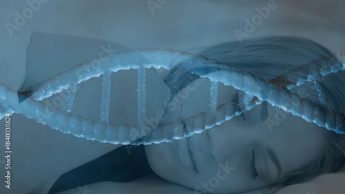 Sleeping woman is lying on side in vector bedroom, with glowing DNA helix for health tech