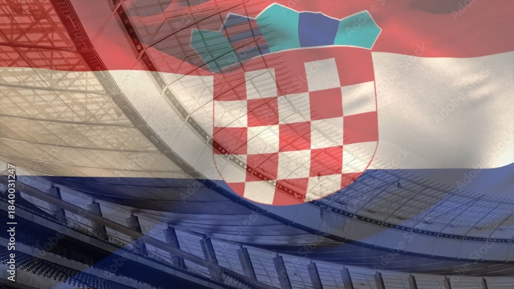 Naklejka premium Croatian flag overlaying flat design stadium interior featuring steel trusses and seats for sports