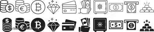 A set of financial and cryptocurrency icons presented in both outline and solid fill styles, depicting coins, diamonds, cards, and safes.