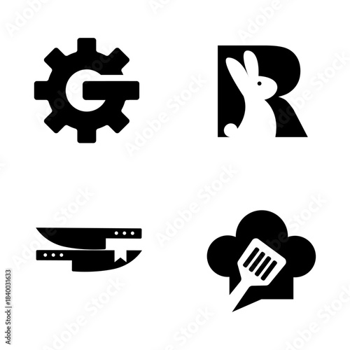 Logo set vector icons: Gear G, rabbit R, kitchen knives, and chef hat with spatula design elements