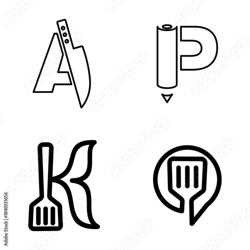 Abstract Outline Logos Set with Letters A, P, K and Kitchen Tools; Minimalist Vector Icons for Branding