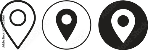 Three distinct map pin icons are presented side by side, showcasing outline, filled, and inverted styles for location markers.