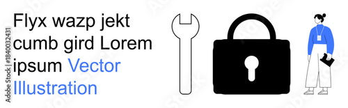 Online security, system maintenance, business solutions, cybersecurity, problem-solving, digital protection. Black lock, wrench and a person holding a folder. Online security and system maintenance