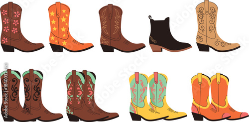 A vector collection of ten pairs of colorful western cowboy and cowgirl boots featuring classic scroll patterns, floral embroidery, stars, and leather textures for rodeo design