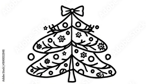 Festive Ornament: A classic Christmas tree, meticulously adorned with cheerful baubles and a graceful bow, embodies the joyful essence of the season.