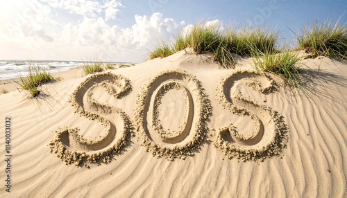 Fototapeta Naklejka Na Ścianę i Meble -  SOS message in sand on beach