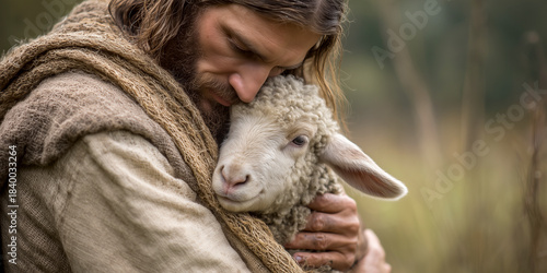 Close-up, portrait of Jesus Christ hugging the lost sheep, Christian symbol. Jesus is the good shepherd willing to give his life for his flock of sheep which represents all humanity. Generative Ai.