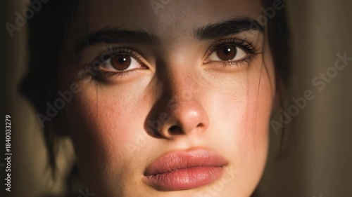 Close-up of a young woman's face in soft light, with a thoughtful expression and a hand resting on her cheek.