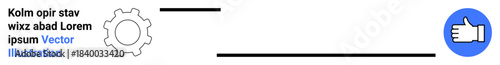 Workflow design, process improvement, user feedback, approval systems, operational efficiency, teamwork. Gear and thumbs up illustrations linked by lines with text placeholder. Workflow and process