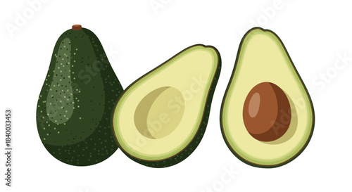 A whole avocado and two halves of an avocado, one with its pit, are artfully arranged on a clean white background, showcasing their vibrant green skin and creamy yellow flesh