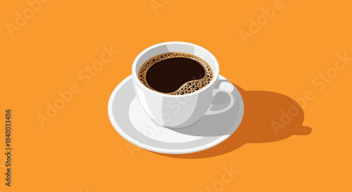 A steaming cup of black coffee sits on a white saucer against a vibrant orange background, casting a subtle shadow