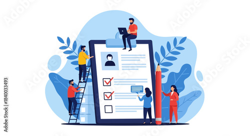 A team of people collaborates on a large checklist document with a giant pencil and laptop, symbolizing project management and task completion